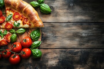 Tasty calzone classic Italian pizza with tomatoes and basil on a rustic wooden surface