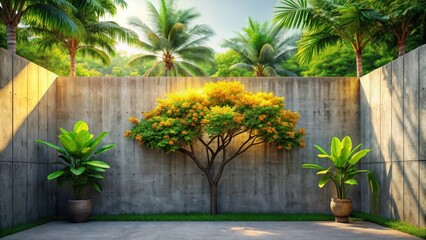 Obraz premium Serene Courtyard with Flowering Tree and Lush Greenery Against a Concrete Wall