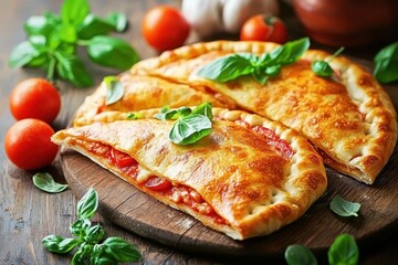 Tasty calzone with classic Italian pizza topped with tomatoes and fresh basil on a rustic wooden surface