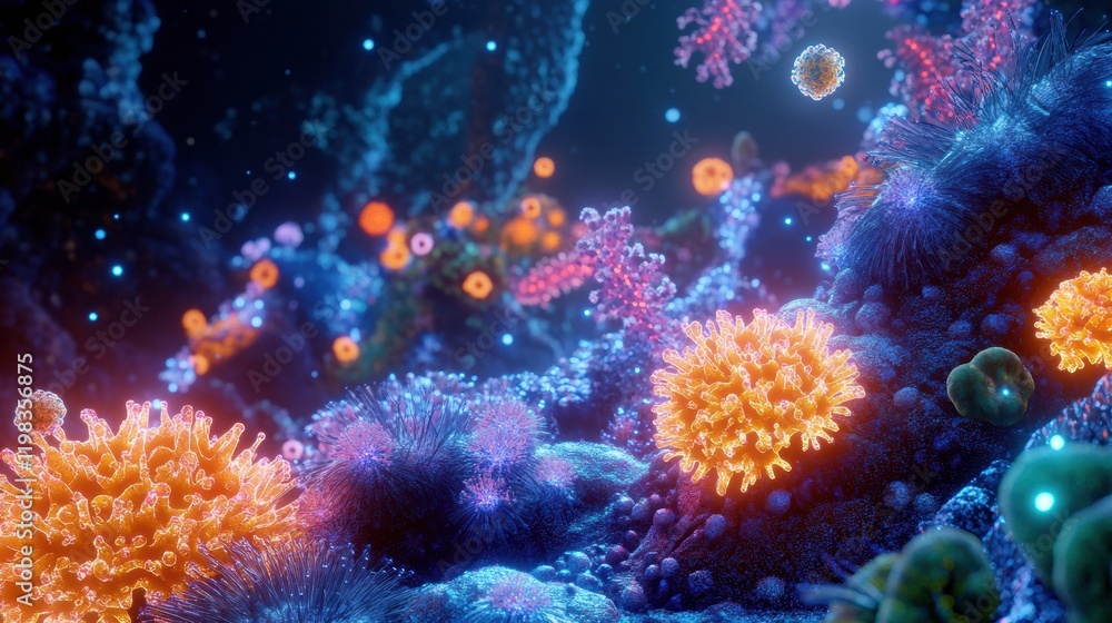 Poster exploring molecular interactions among diverse microbes in a vibrant ecosystem. generative ai