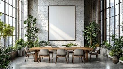 3D rendering of a blank white poster on a wall in a clean modern interior design