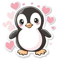 Obraz premium A cartoon penguin stands with pink hearts floating. Use Greeting card