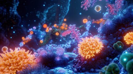 Obraz premium Exploring molecular interactions among diverse microbes in a vibrant ecosystem. Generative AI