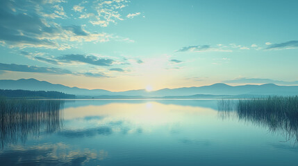 Fototapeta premium Tranquil lake view with tranquil reeds in the water reflecting natures beauty and serenity perfect for landscape photography and outdoor enthusiasts seeking peace and inspiration
