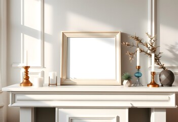 Gold frame mockup resting on a white fireplace mantel, accompanied by candles, plants, and decorative accents, creating a sophisticated and stylish scene