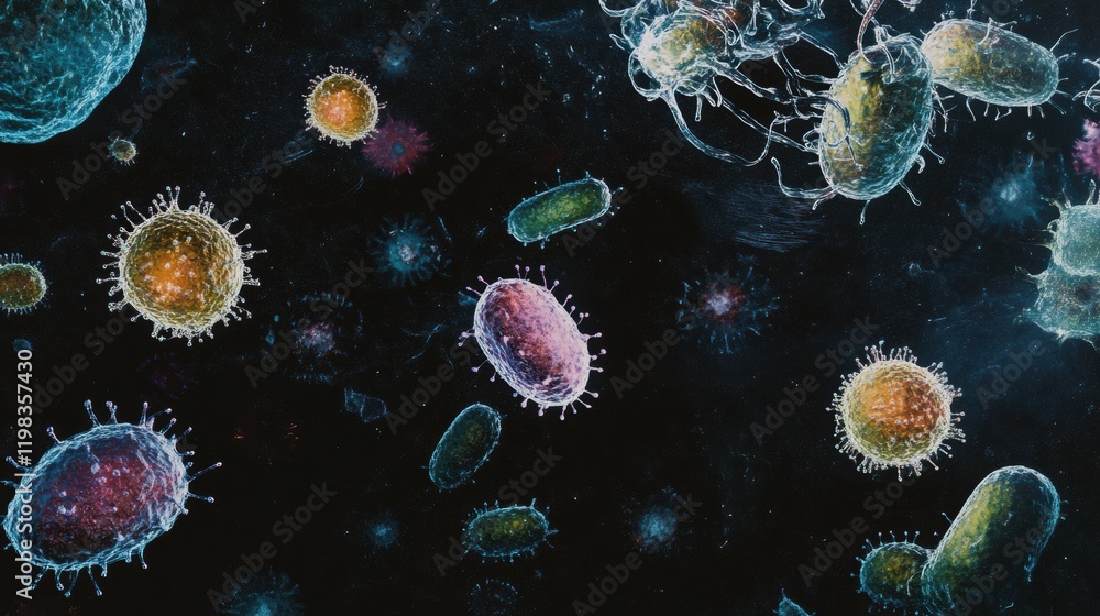 Aufkleber diverse array of colorful bacteria and microbes thriving under a dark backdrop highlighting their un