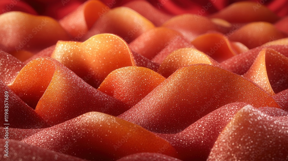 Poster sparkling waves of red and orange fabric undulating in soft curves, capturing light and creating a d