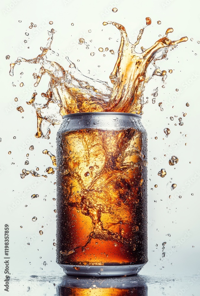 Aufkleber refreshing soda can with dynamic splash and droplets showcasing a vibrant burst of cola liquid, idea