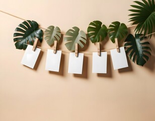 Five empty instant photos hanging from a rope decorated with tropical leaves on a beige background creating a summer mood