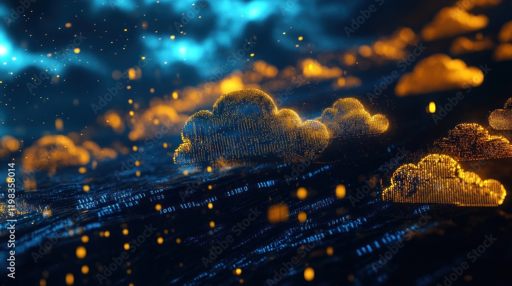 Poster digital cloud network: abstract visualization of data flow and cloud computing