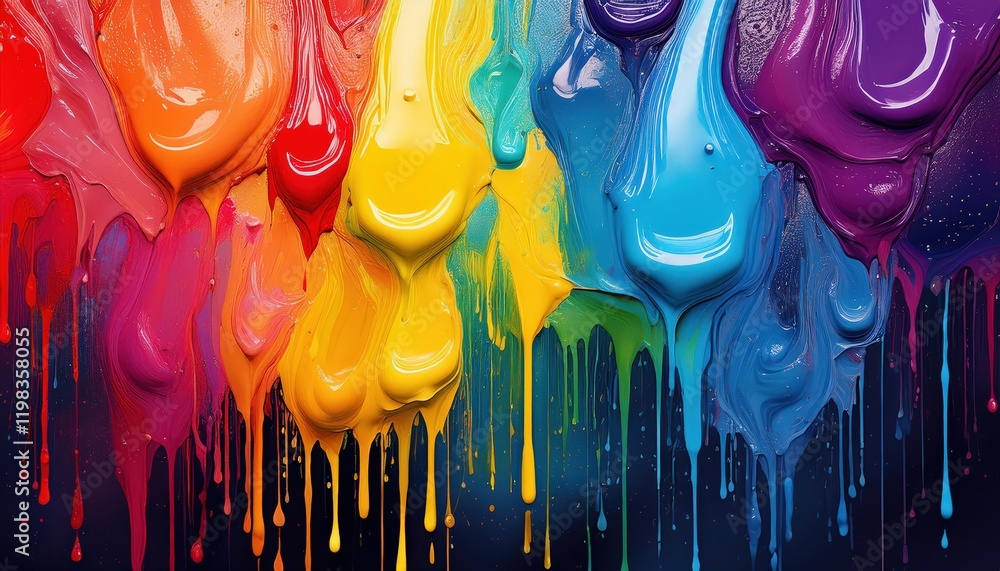 Poster vibrant rainbow paint drips transform canvas into a dynamic and colorful backdrop for creative proje