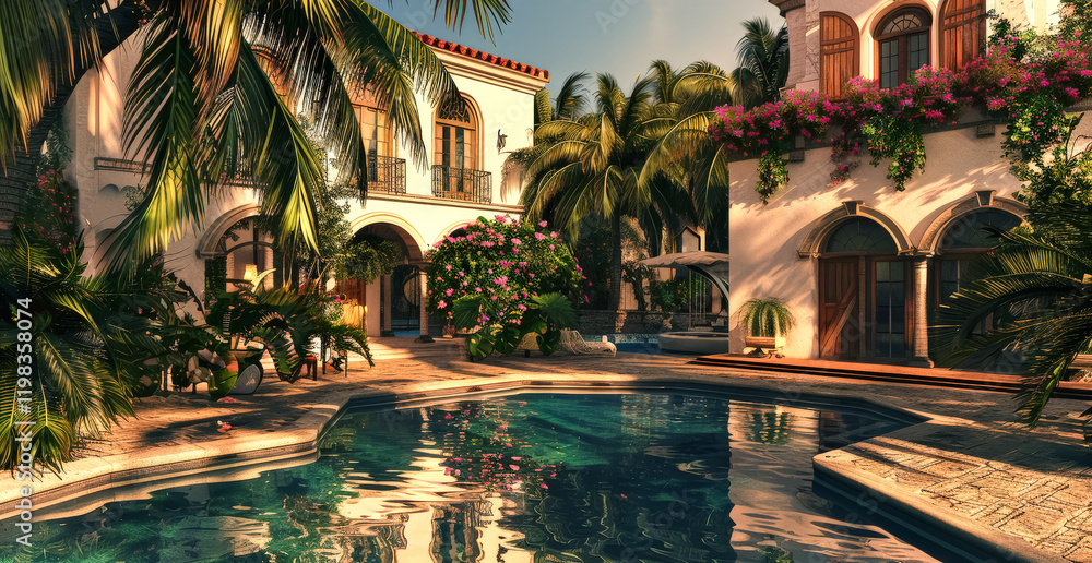 Poster large pool with a house in the background. the house is white and has a balcony. the pool is surroun