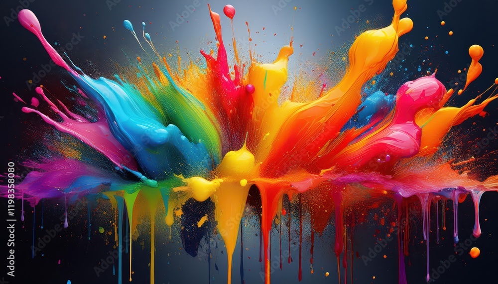 Poster dynamic abstraction of a rainbow eruption vivid colors spreading in splatters and drips, showcasing 