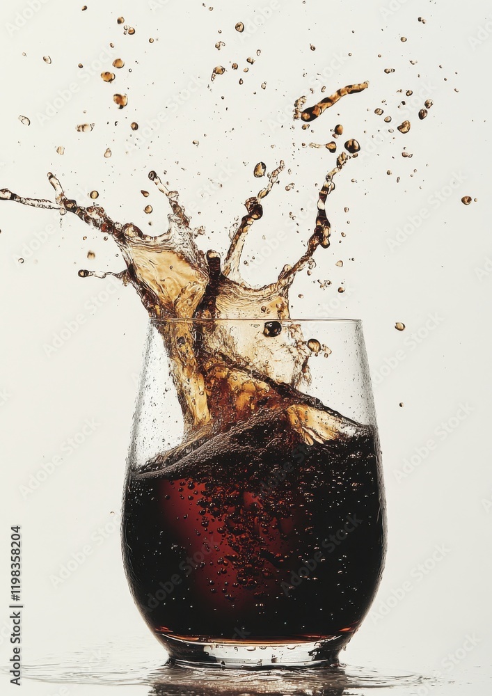 Poster refreshing splash of dark beverage in glass with droplets captured against a minimalist background h