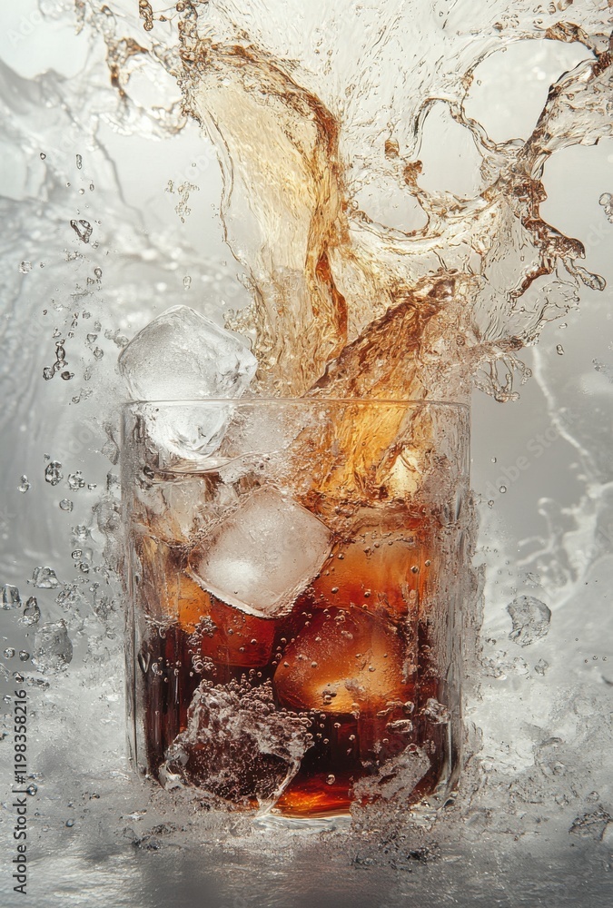 Aufkleber refreshing splash of cola with ice cubes captured in crystal clear glass against a soft background f