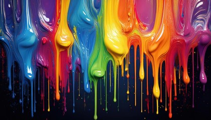 Striking Rainbow Paint Streaks Cascade Down Dark Backdrop, Producing Glossy Finish that Evokes...