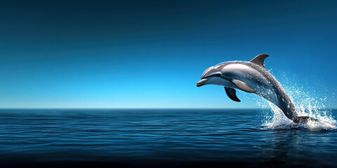 Fototapeta premium A beautiful dolphin gracefully leaps above the calm ocean waters, creating a mesmerizing splash.