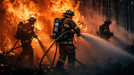 A Firefighters full gear battling intense flames with water hoses, surrounded by smoke and charred trees, showcasing emergency