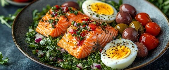 Salmon, egg, & olive salad. Healthy meal