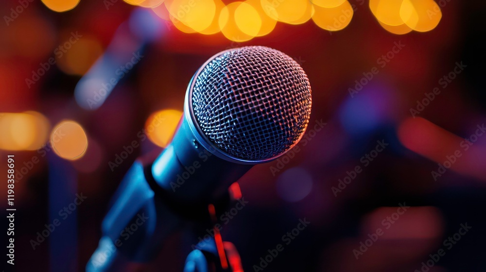 Poster close-up of microphone in modern broadcast studio setting