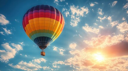 Obraz premium Vibrant Hot Air Balloon Floating Gracefully in a Clear Blue Sky with Soft Clouds and a Golden Sunset Reflecting Reinvented Joy and Adventure for Travel Enthusiasts