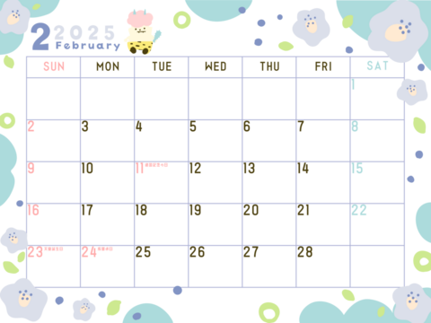 2025年2月のカレンダー　椿と鬼柄