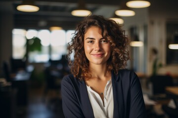 Smiling portrait of a young hipster Caucasian woman in modern office