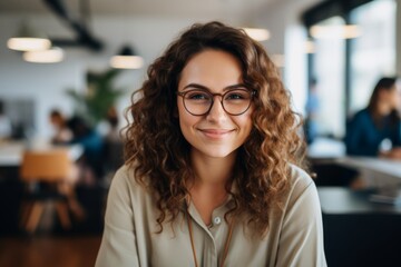 Fototapeta premium Smiling portrait of a young hipster Caucasian woman in modern office