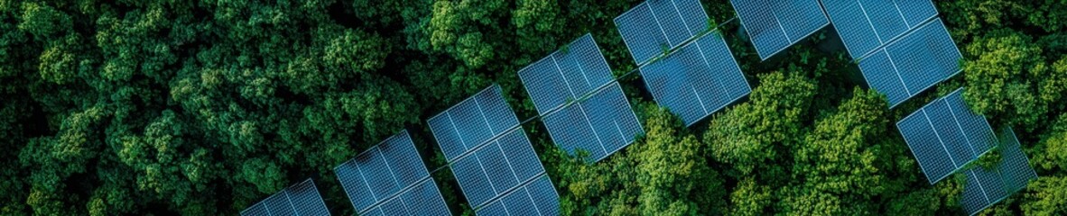 Top view of a forest surrounded by solar farms.