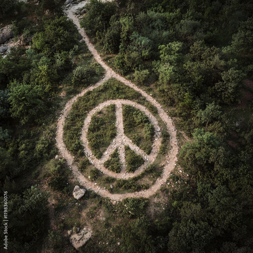 Poster top view of a forest with trails creating a peace sign.