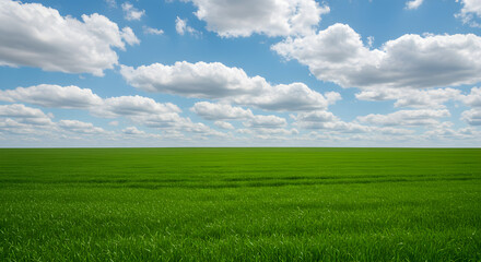Fototapeta premium Vibrant green grass set against a backdrop of a bright blue sky dotted with white clouds.
