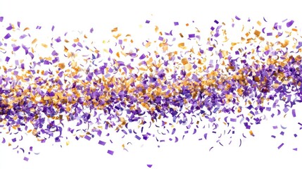 Fototapeta premium Purple and gold confetti stream on white background.