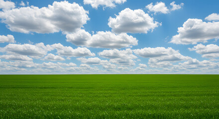 Fototapeta premium A field of green grass under a serene blue sky, embellished with soft white clouds.