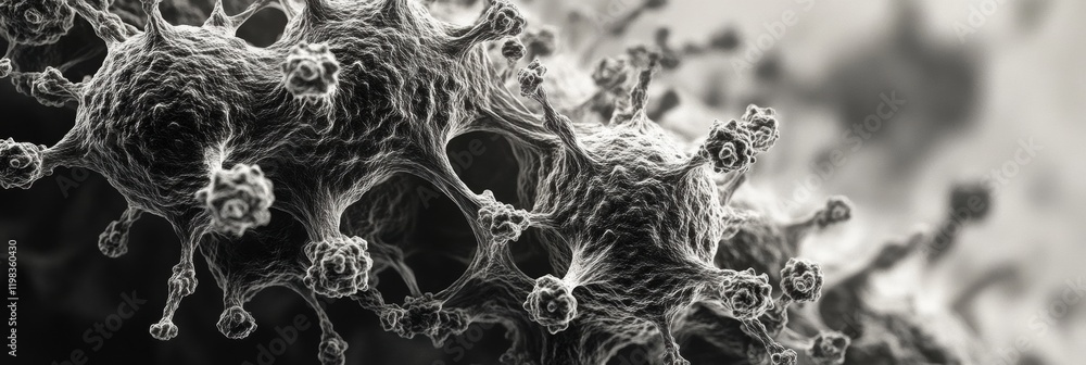 Poster Dense layer of microbes showcasing unique structures under high magnification in a laboratory setting. Generative AI