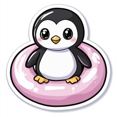 Penguin floats in a pink inflatable ring, possibly for kids' designs, stickers