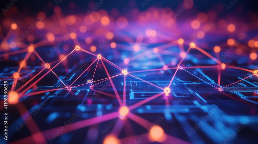 Poster abstract network connections: a vibrant digital illustration of interconnected nodes and pathways, r