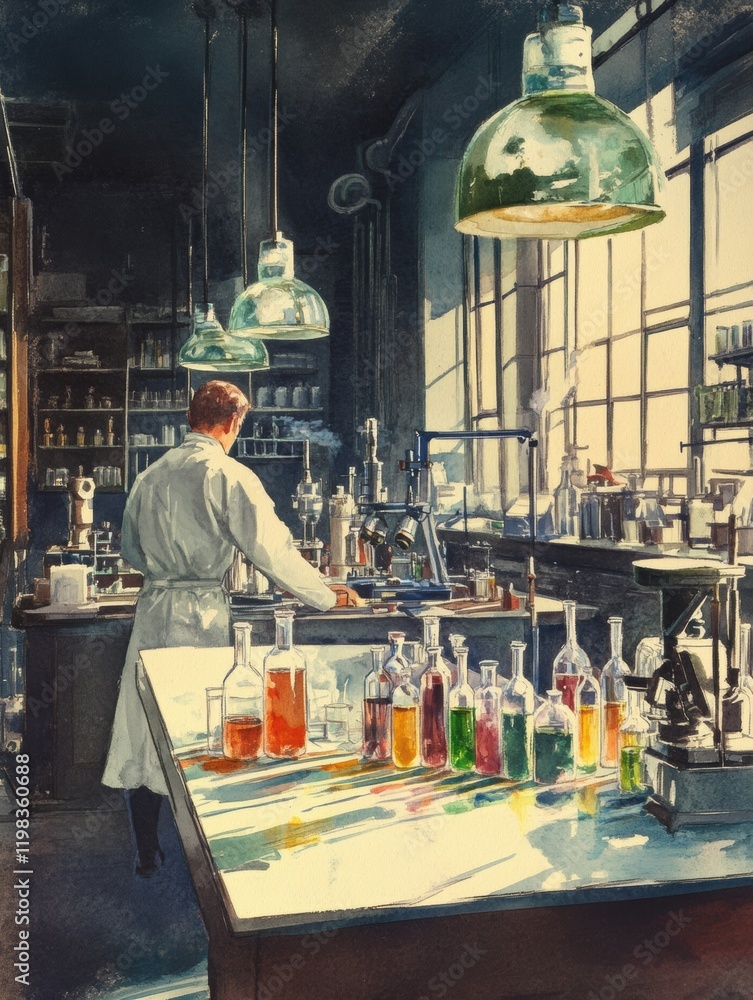 Fototapete laboratory environment with colorful test tubes and microscopes in use during daylight hours. genera