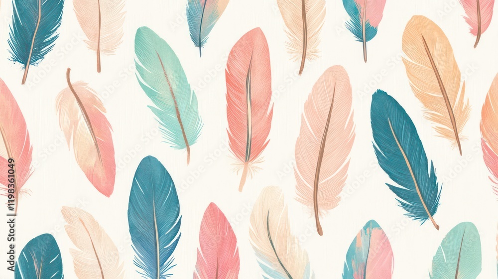 Poster colorful feathers are arranged in a repeating pattern against a light background, featuring shades o