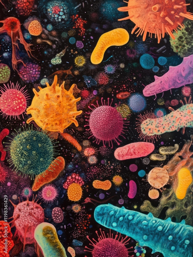 Aufkleber vibrant array of bacteria and microbes displaying diverse shapes and colors in a microscopic view. g