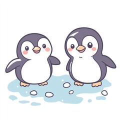 Naklejka premium Two cute penguins standing on ice, cartoon drawing, for kids books or educational resources