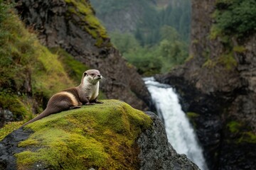 Obraz premium Serene Otter on Mossy Rock by Majestic Waterfall in Lush Green Valley, Capturing Nature's Tranquility and Wildlife in a Beautiful Landscape Scene