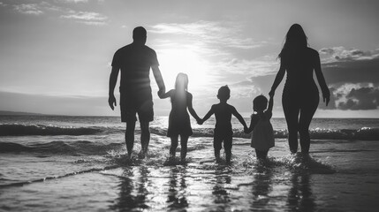 A family enjoying quality time at the beach, silhouetted against a stunning sunset. This image captures the essence of togetherness and joy in nature.