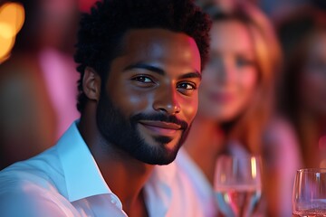 Obraz premium Man smiling at party, close-up.