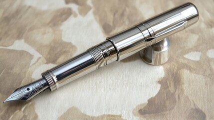 Naklejka premium Elegant Sterling Silver Fountain Pen on Beige Background