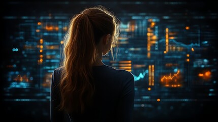 Woman analyzing data on a large screen. (3)