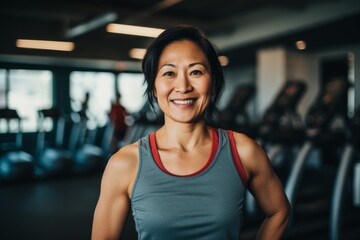 Fototapeta premium Smiling portrait of a middle aged slightly overweight Asian woman in gym