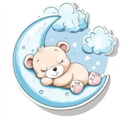 Bear sleeps on moon with clouds and stars for children's books or illustrations