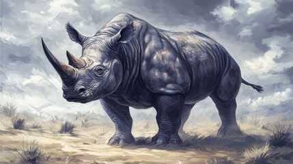 Fototapeta premium Majestic Rhino in Serene Landscape: A Digital Painting