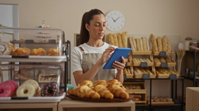 Young hispanic brunette woman working indoors at a bakery shop, using a tablet while surrounded by pastries and bread in an inviting room