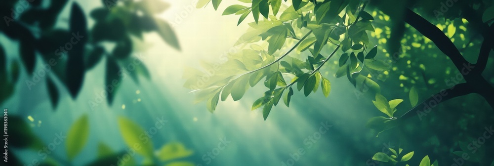Aufkleber Serene green forest with sunlight filtering through leaves creating a tranquil atmosphere. Generative AI